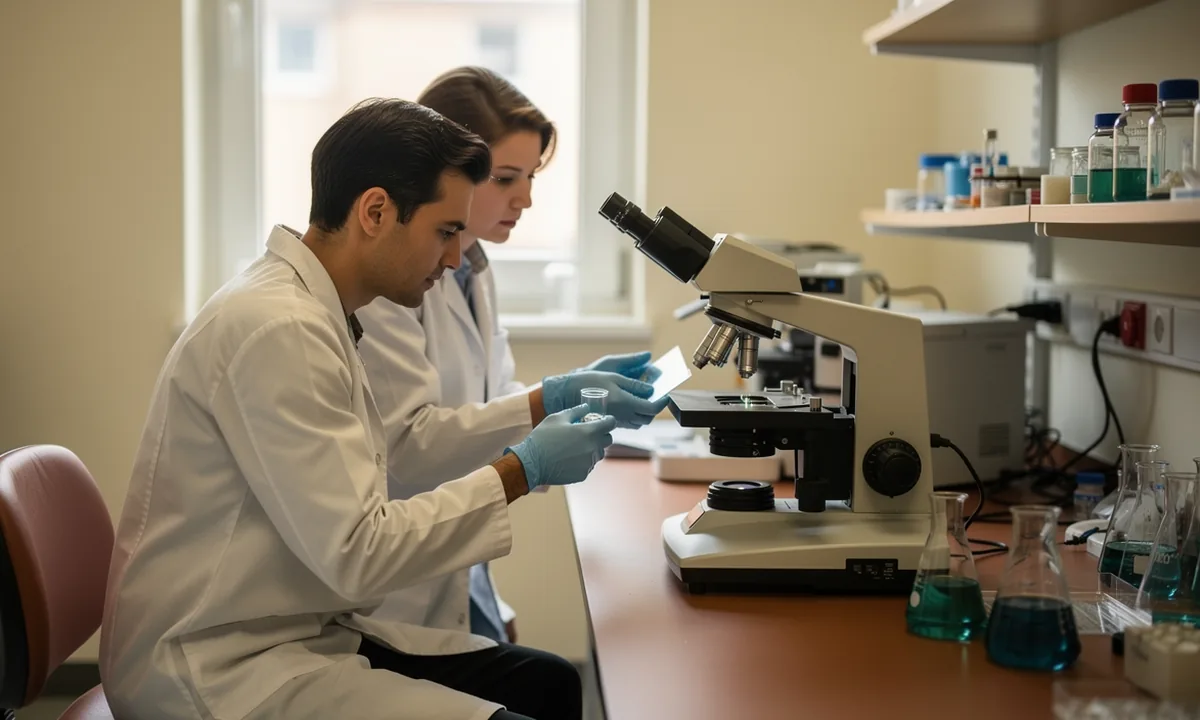 Two laboratory technicians examine a glass slide beside a microscope on a sunlit bench