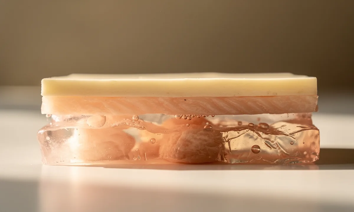A translucent layered teaching model photographed from the side on a rose and cream tabletop